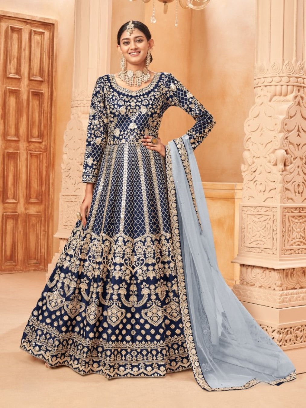 Anaita Navy Blue Embroidered Art Silk Anarkali Suit