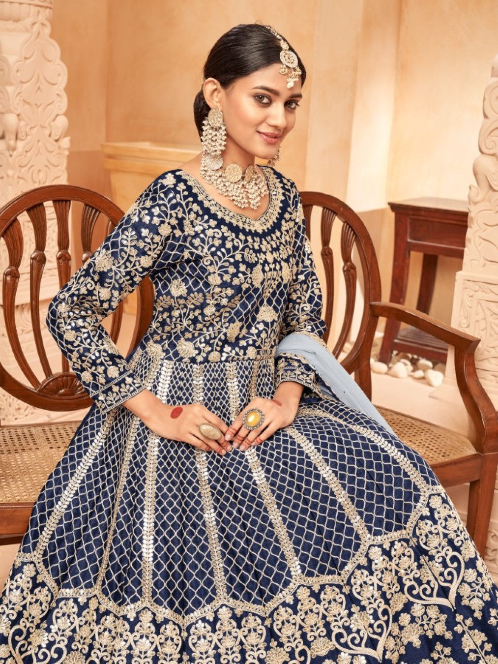 Anaita Navy Blue Embroidered Art Silk Anarkali Suit
