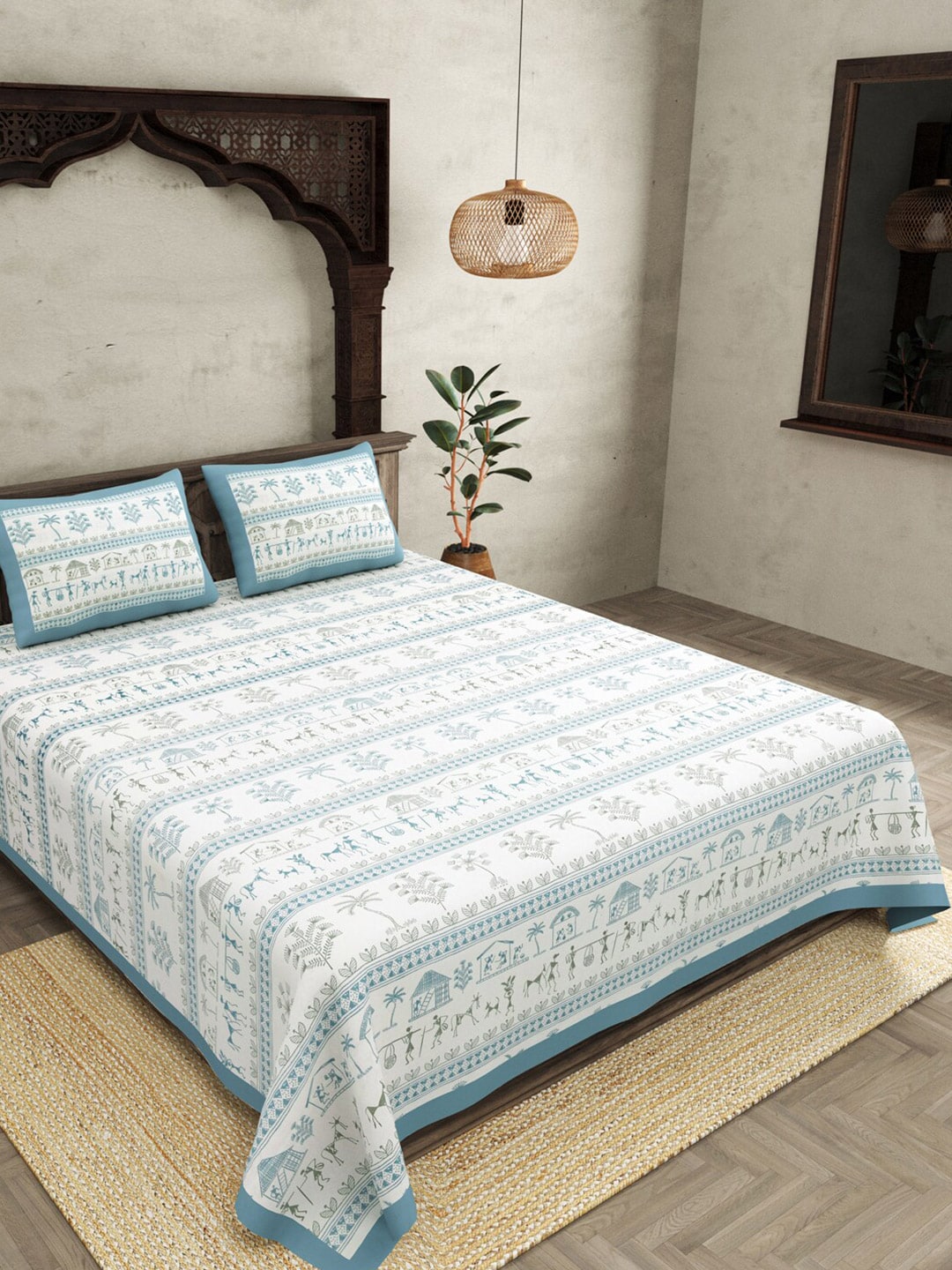 JAIPUR FABRIC Blue Ethnic Motifs Cotton 250 TC Super King Bedsheet With 2 Pillow Covers