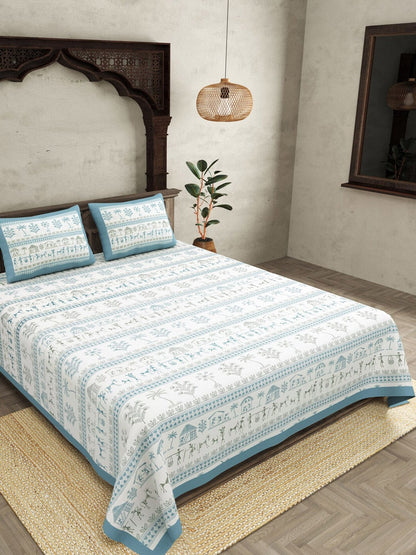 JAIPUR FABRIC Blue Ethnic Motifs Cotton 250 TC Super King Bedsheet With 2 Pillow Covers