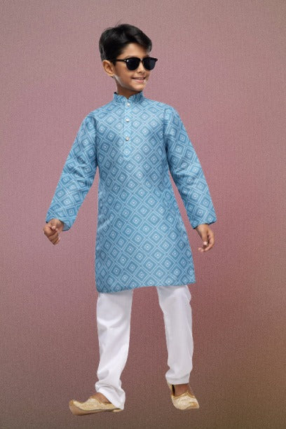 Raivat Ethnic Cotton Digital Print Kids Kurta Pajama In Sky Blue Colour