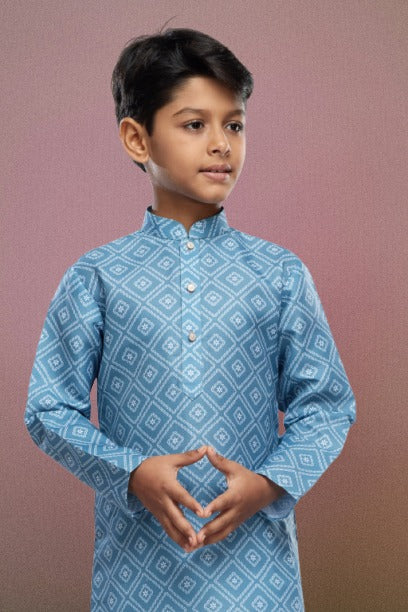 Raivat Ethnic Cotton Digital Print Kids Kurta Pajama In Sky Blue Colour