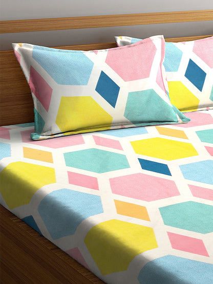 KLOTTHE Multicoloured Geometric 300 TC Fitted Double Bedsheet with 2 Pillow Covers