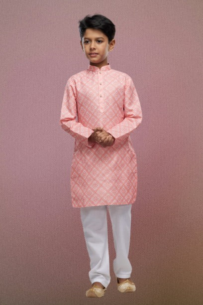 Raivat Ethnic Cotton Digital Print Kids Kurta Pajama In Peach Colour