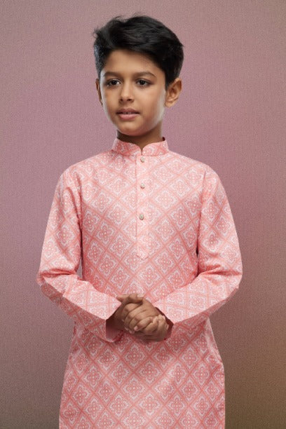 Raivat Ethnic Cotton Digital Print Kids Kurta Pajama In Peach Colour