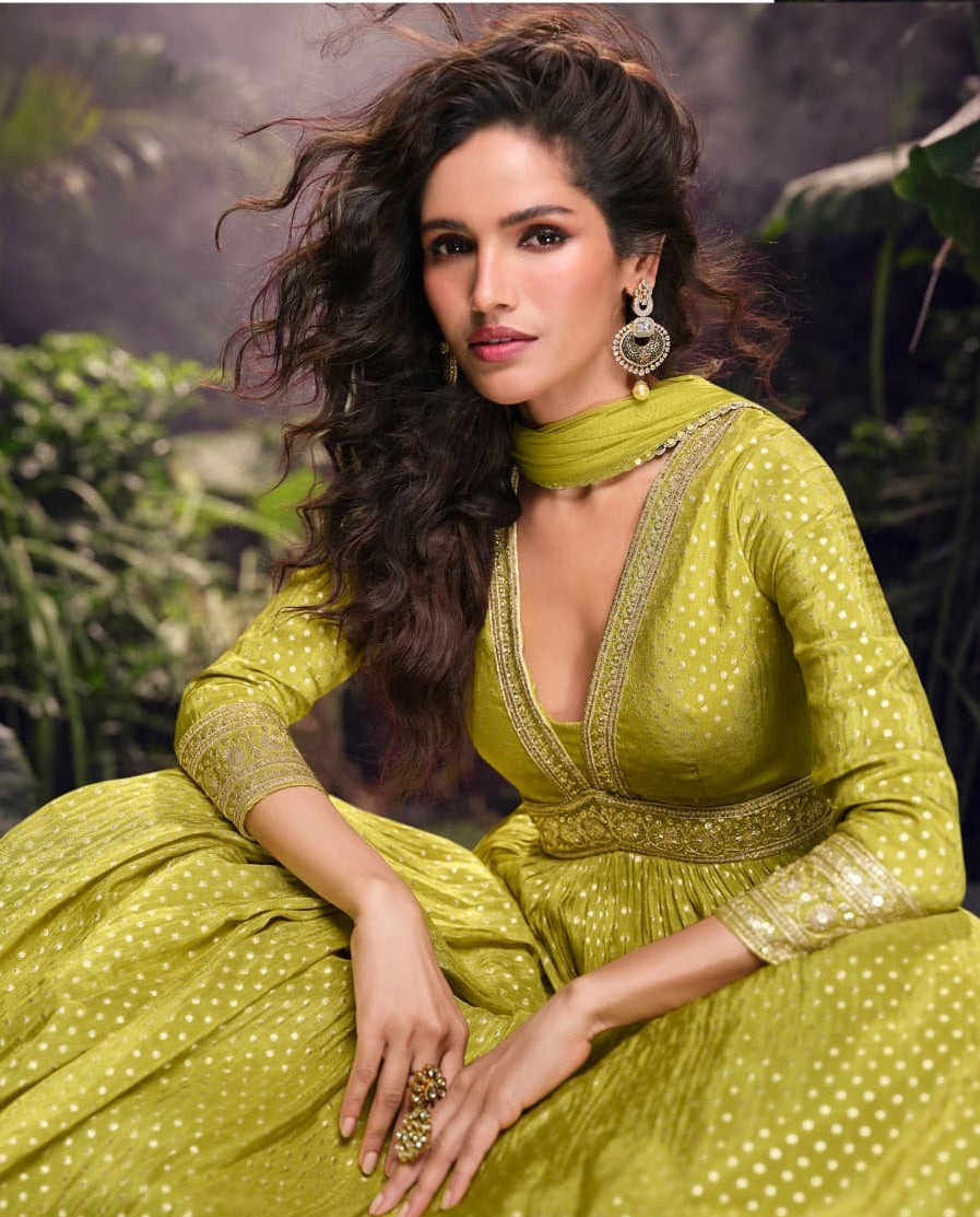 Anaita Lime Viscose Simar Jacquard Stitched Handmade Khatli Work Anarkali Gown