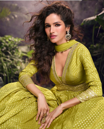 Anaita Lime Viscose Simar Jacquard Stitched Handmade Khatli Work Anarkali Gown