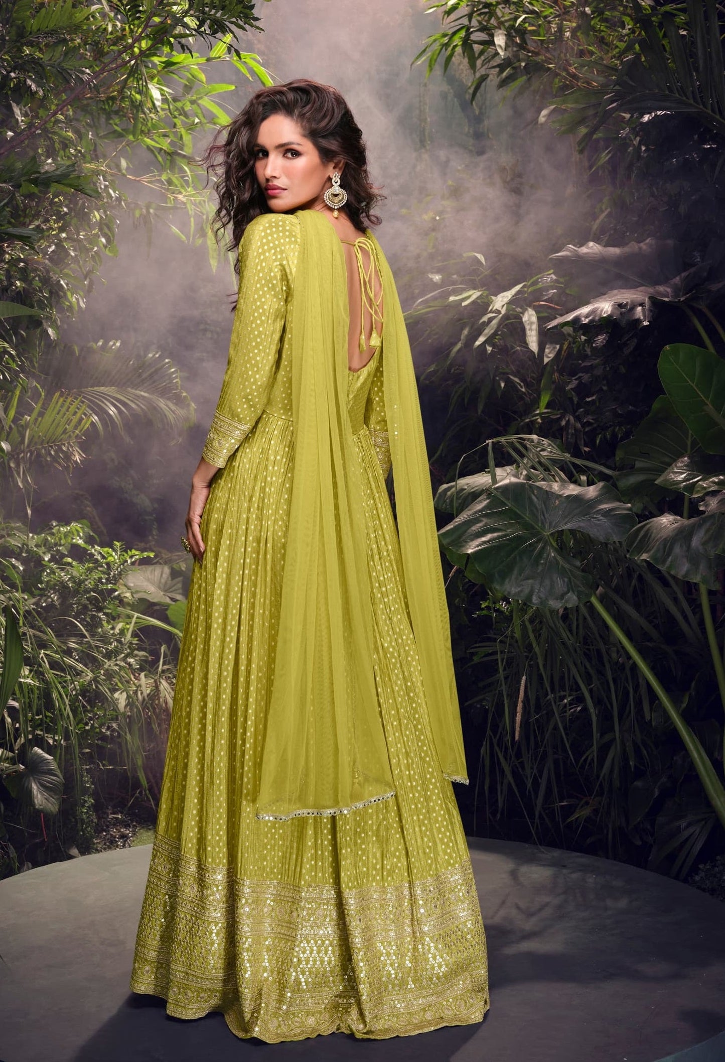 Anaita Lime Viscose Simar Jacquard Stitched Handmade Khatli Work Anarkali Gown