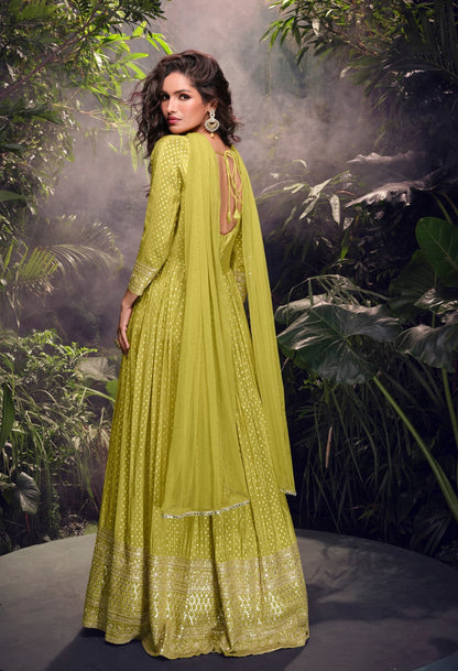 Anaita Lime Viscose Simar Jacquard Stitched Handmade Khatli Work Anarkali Gown