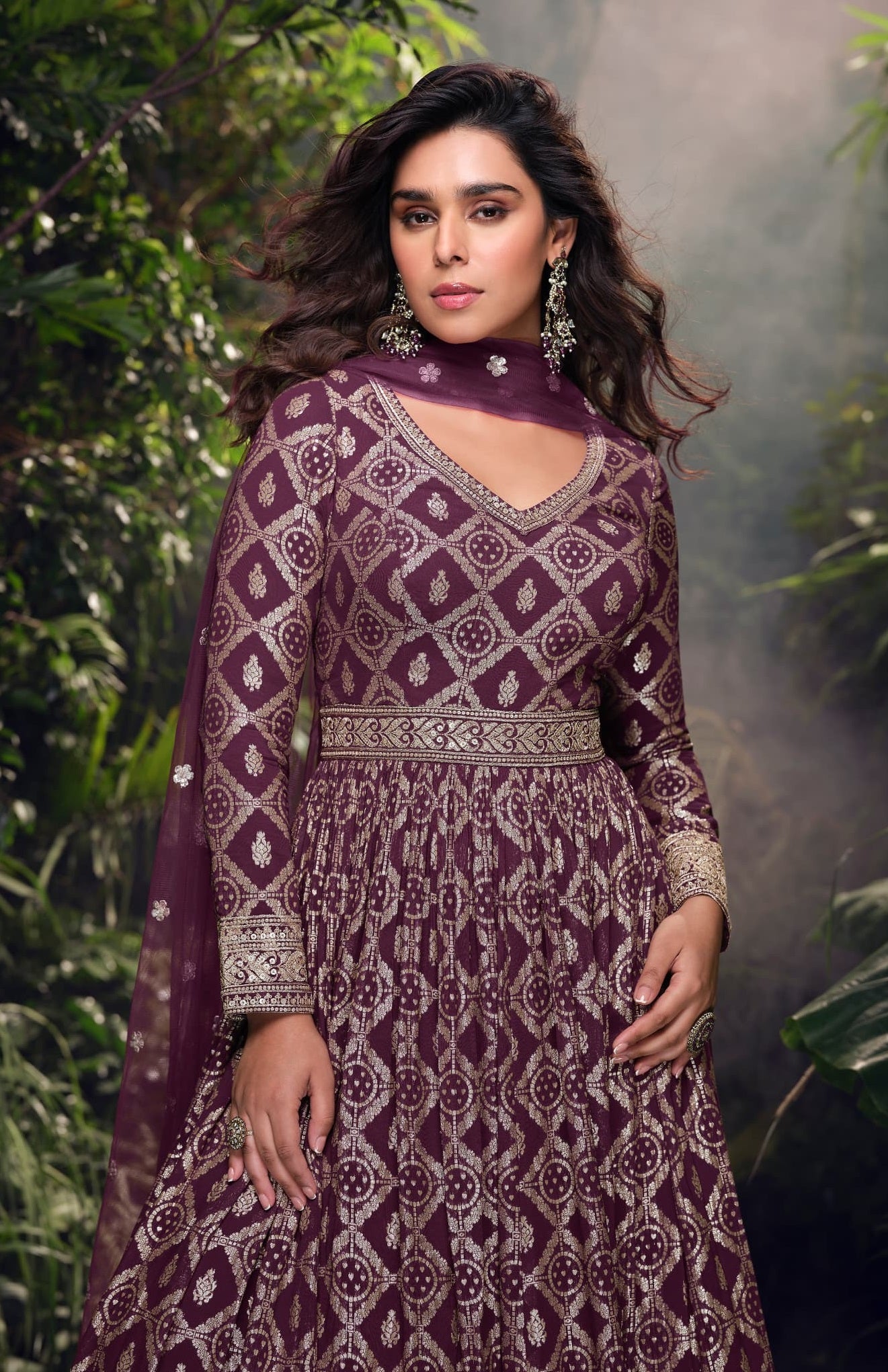 Anaita Wine Viscose Simar Jacquard Stitched Handmade Khatli Work Anarkali Gown