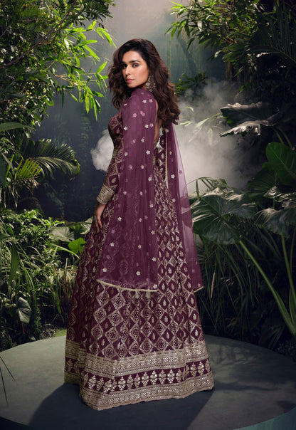 Anaita Wine Viscose Simar Jacquard Stitched Handmade Khatli Work Anarkali Gown
