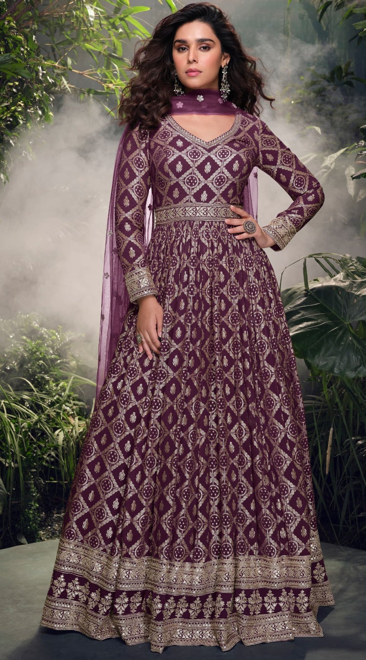 Anaita Wine Viscose Simar Jacquard Stitched Handmade Khatli Work Anarkali Gown