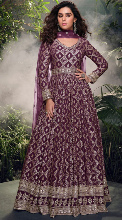 Anaita Wine Viscose Simar Jacquard Stitched Handmade Khatli Work Anarkali Gown