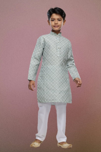 Raivat Ethnic Cotton Digital Print Kids Kurta Pajama In Pista Green Colour