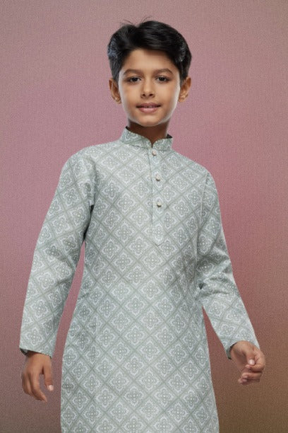 Raivat Ethnic Cotton Digital Print Kids Kurta Pajama In Pista Green Colour