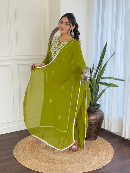 The52 Gorgeous Chikankari Work with Pure Cotton Fabric Straight Kurta, Pant and Dupatta Set