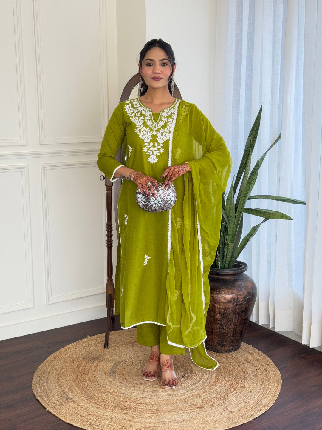 The52 Gorgeous Chikankari Work with Pure Cotton Fabric Straight Kurta, Pant and Dupatta Set