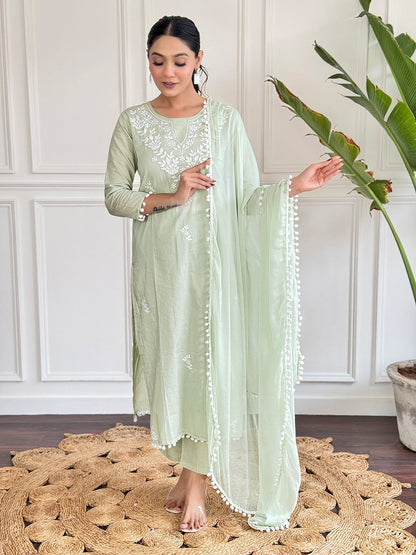 The52 Gorgeous Chikankari Work with Pure Cotton Fabric Straight Kurta, Pant and Dupatta Set