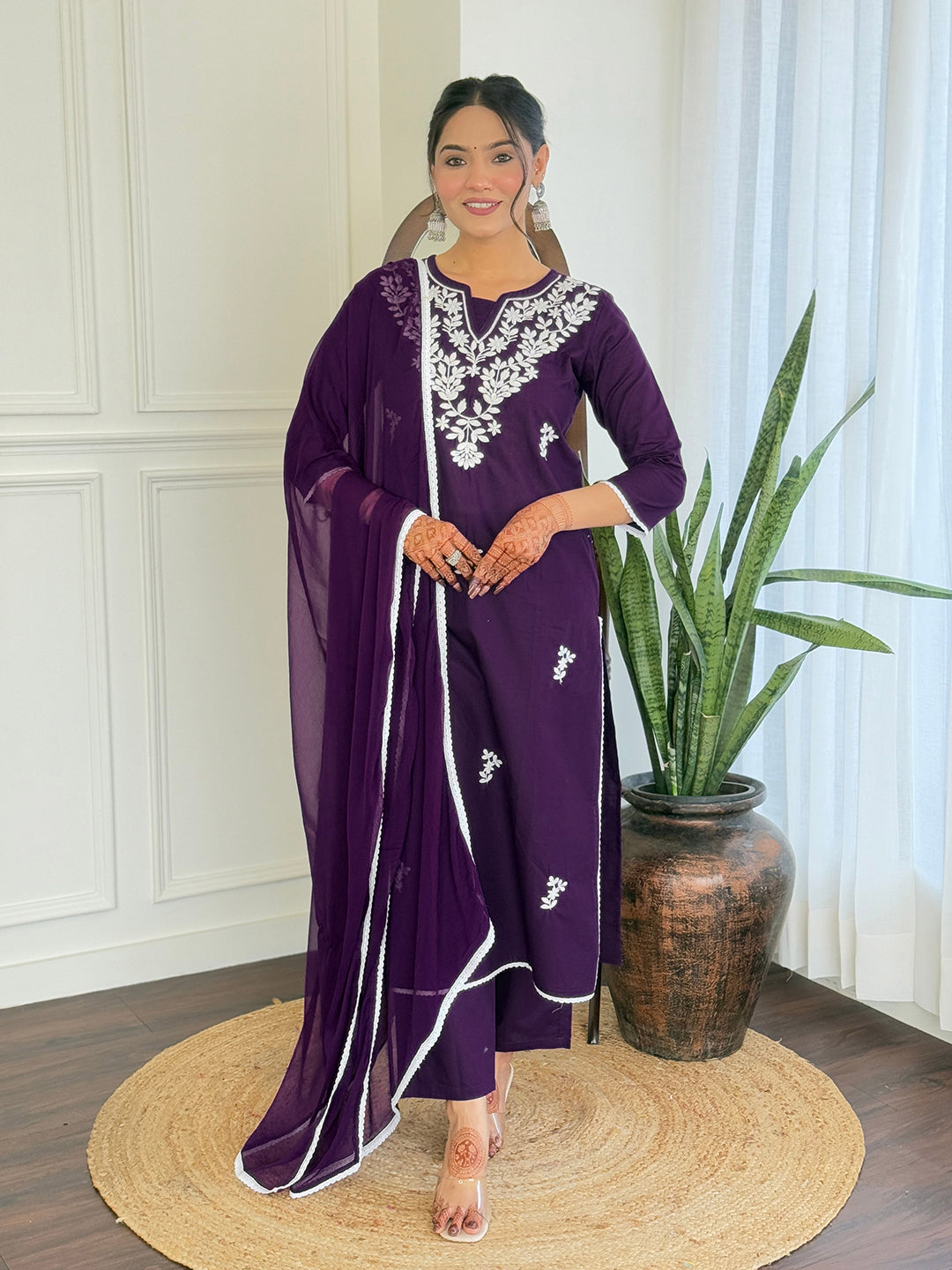 The52 Gorgeous Chikankari Work with Pure Cotton Fabric Straight Kurta, Pant and Dupatta Set