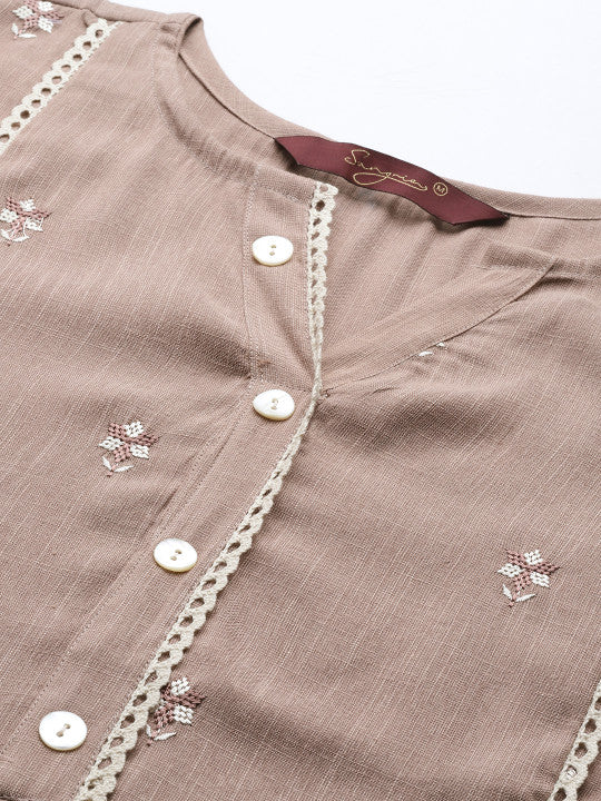 Sangria Women Brown & White Ethnic Motifs Embroidered Panelled Kurta