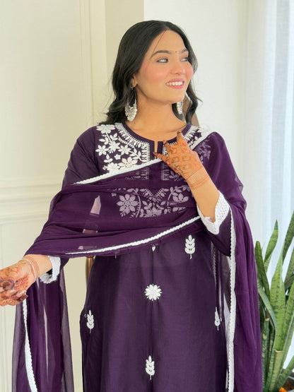 The52 Chikankari Work with Pure Cotton Fabric Straight Kurta, Pant and Dupatta Set