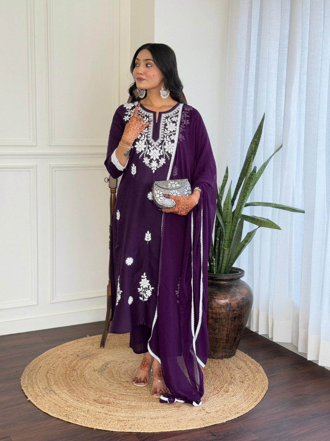 The52 Chikankari Work with Pure Cotton Fabric Straight Kurta, Pant and Dupatta Set