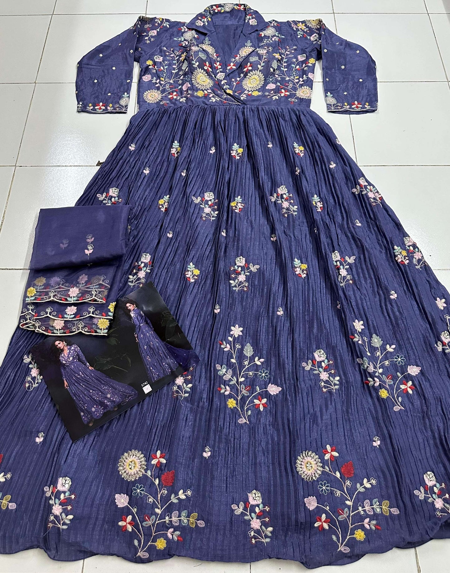 Anaita Dark Lavender Heavy Chinon With Embroidery Stitched Gown