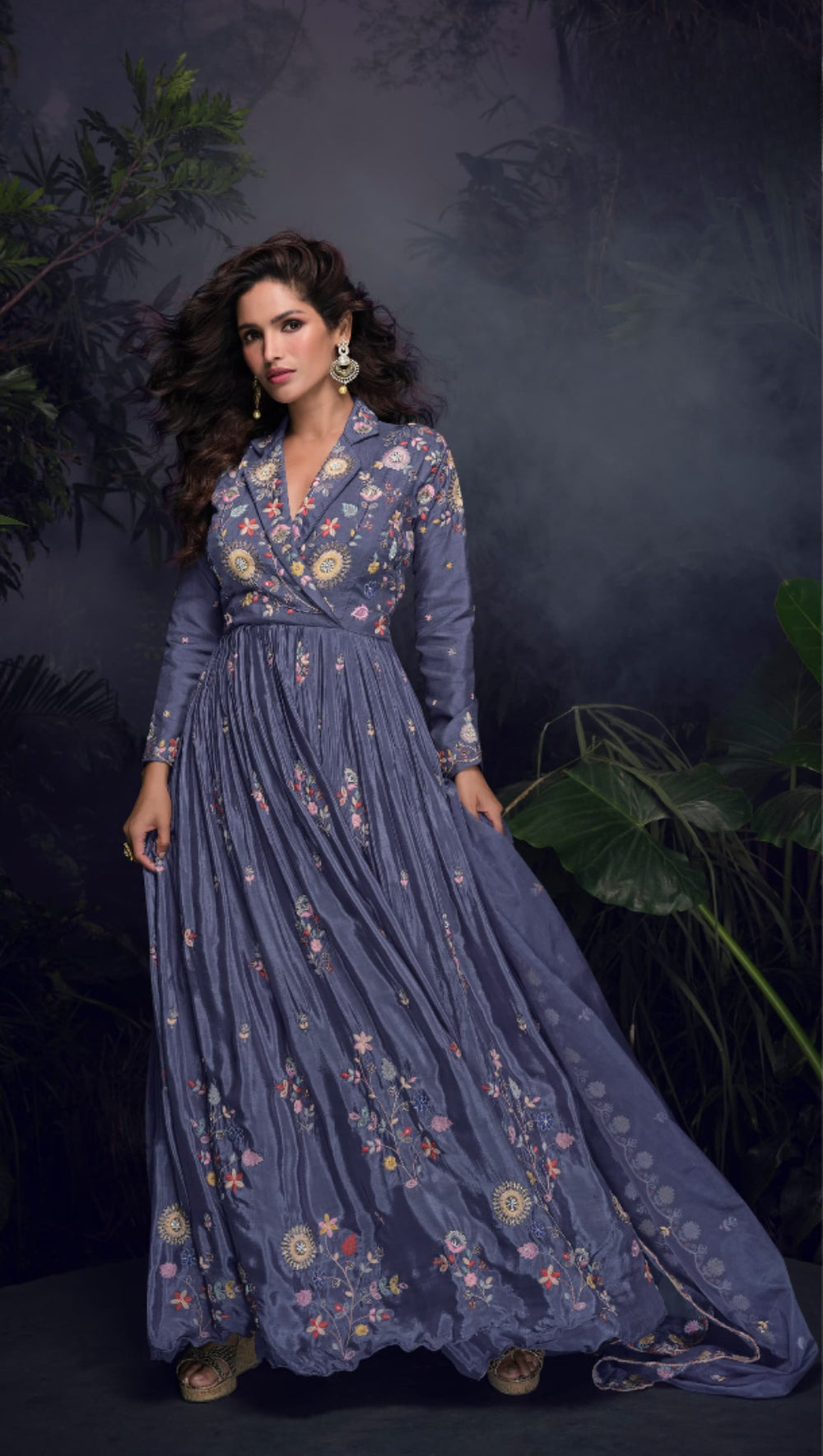 Anaita Dark Lavender Heavy Chinon With Embroidery Stitched Gown