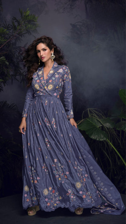 Anaita Dark Lavender Heavy Chinon With Embroidery Stitched Gown
