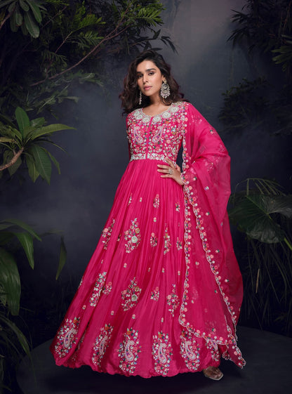 Anaita Pink Heavy Chinon With Embroidery Stitched Gown