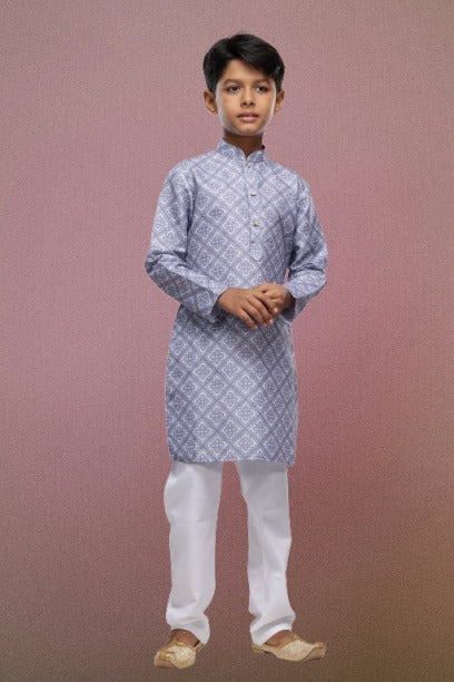 Raivat Ethnic Cotton Digital Print Kids Kurta Pajama In Grey Colour