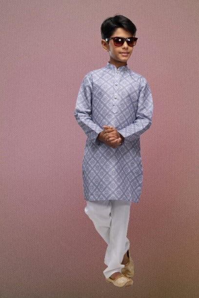 Raivat Ethnic Cotton Digital Print Kids Kurta Pajama In Grey Colour
