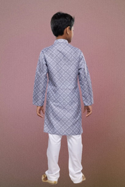 Raivat Ethnic Cotton Digital Print Kids Kurta Pajama In Grey Colour