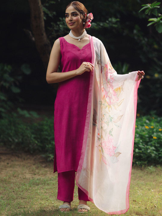 Anayna V-Neck Regular Silk Straight Kurta with Trousers & Dupatta