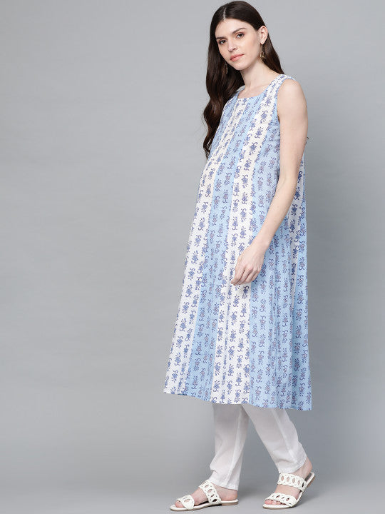 Anayna Women Blue & White Ethnic Motifs Screen Print A-Line Maternity & Nursing Kurta