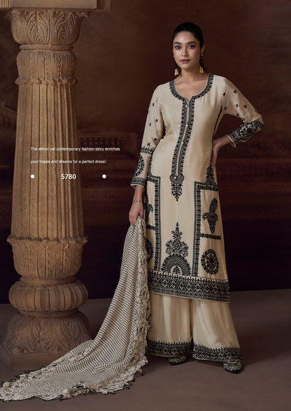 Anaita Beige Heavy Chinon Stitched Salwar Suit With Sequence Embroidery Work