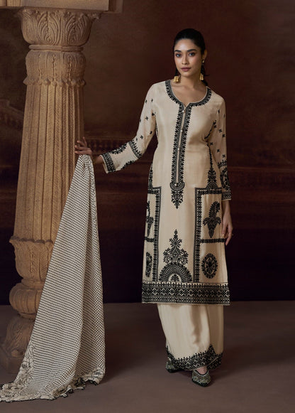Anaita Beige Heavy Chinon Stitched Salwar Suit With Sequence Embroidery Work
