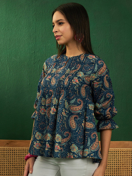Sangria Paisley Printed Keyhole Neck Puff Sleeve Cotton Top
