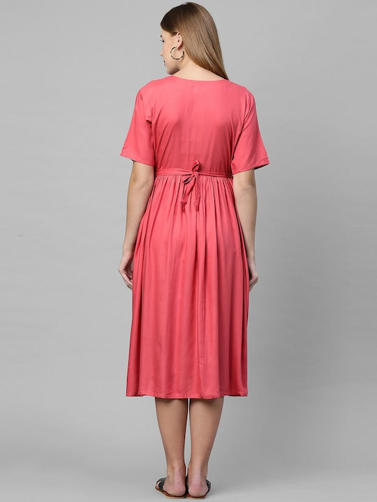 MomToBe Peach-Coloured Solid Maternity Nursing A-Line Midi Dress