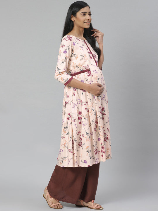 Anayna Women Peach-Coloured & Burgundy Floral Print A-Line Maternity Kurta