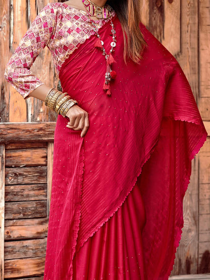 Saree Mall Pink Embellished Beads and Stones Pure Chiffon Sarees