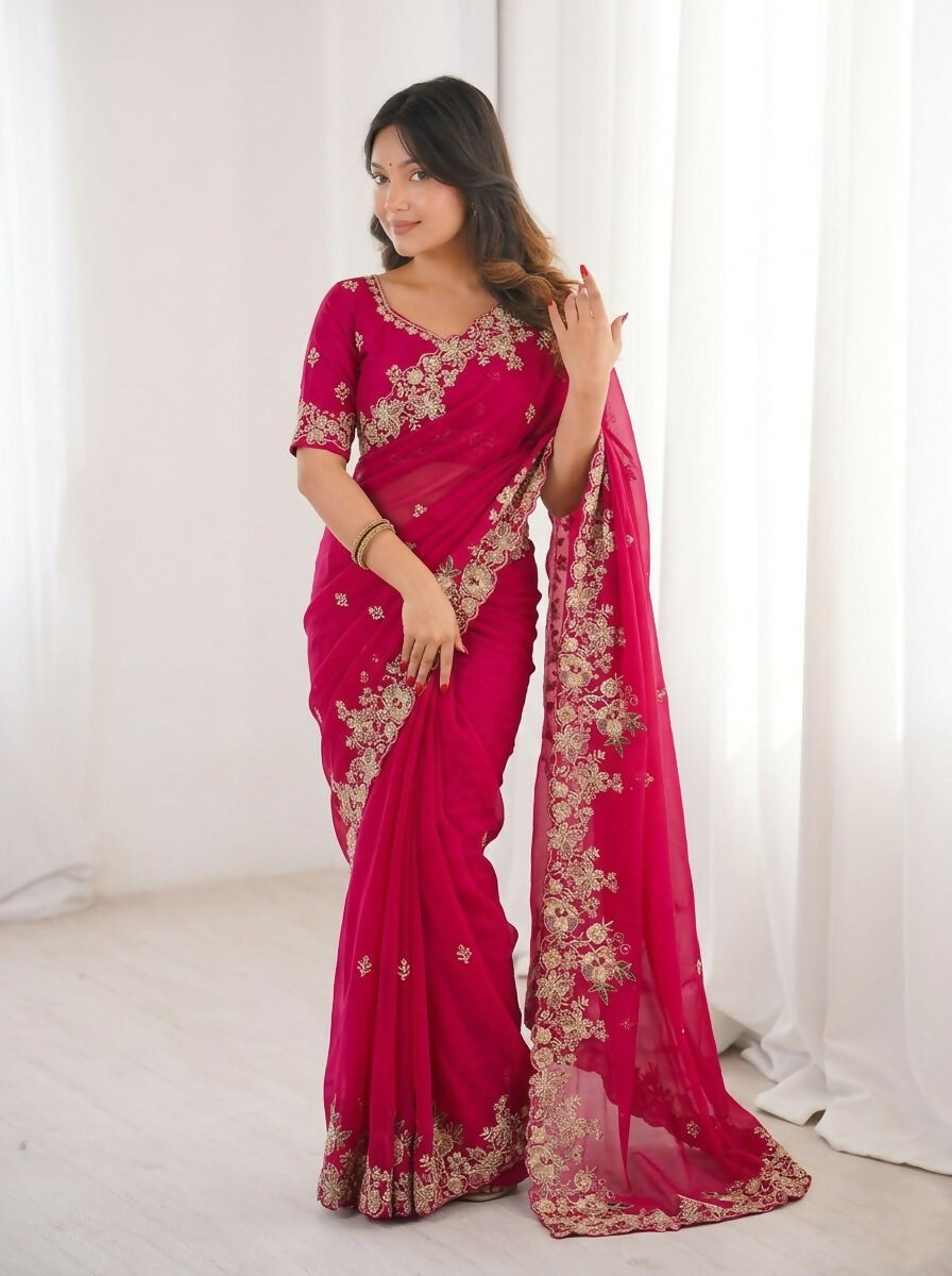 Teeya Creation New Womens Latest Party Wear Soft Chiffon Silk Saree-Red