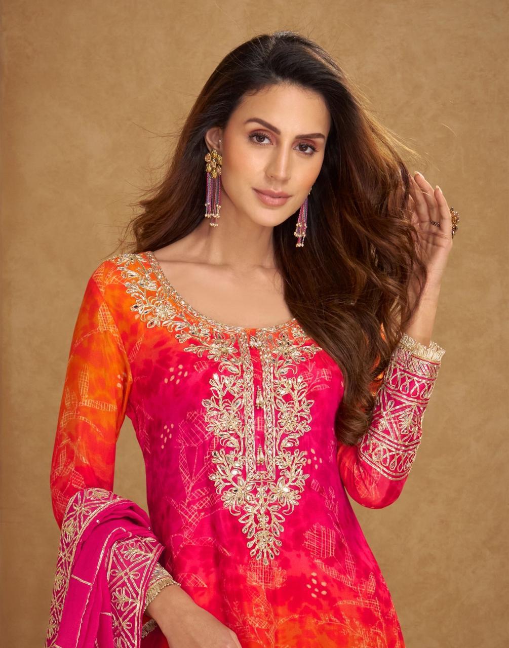 Anaita Orange Chinon Stitched Suit With Embroidery Work