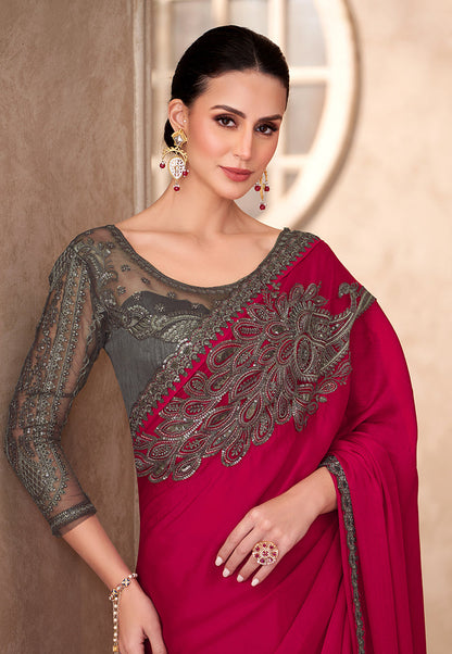 Monjolika Fashion Raspberry Color Embroidery Work Chiffon Silk Party Wear Saree