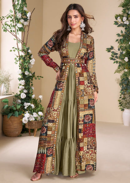 Anaita Olive Heavy Fox Georgette Anarkali Shrug Suit With Silk Print