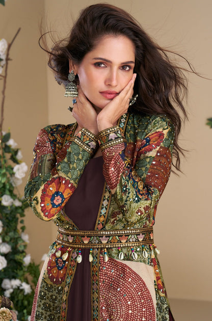 Anaita Brown Heavy Fox Georgette Anarkali Shrug Suit With Silk Print