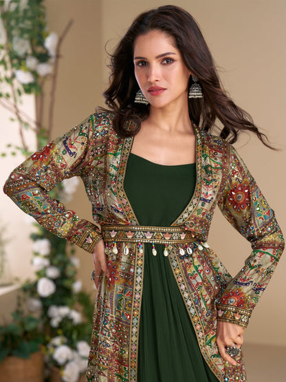 Anaita Dark Green Heavy Fox Georgette Anarkali Shrug Suit With Silk Print