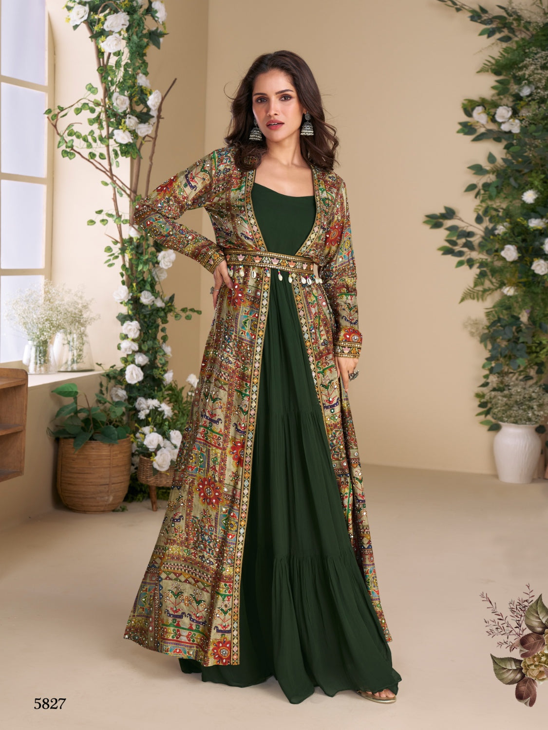 Anaita Dark Green Heavy Fox Georgette Anarkali Shrug Suit With Silk Print
