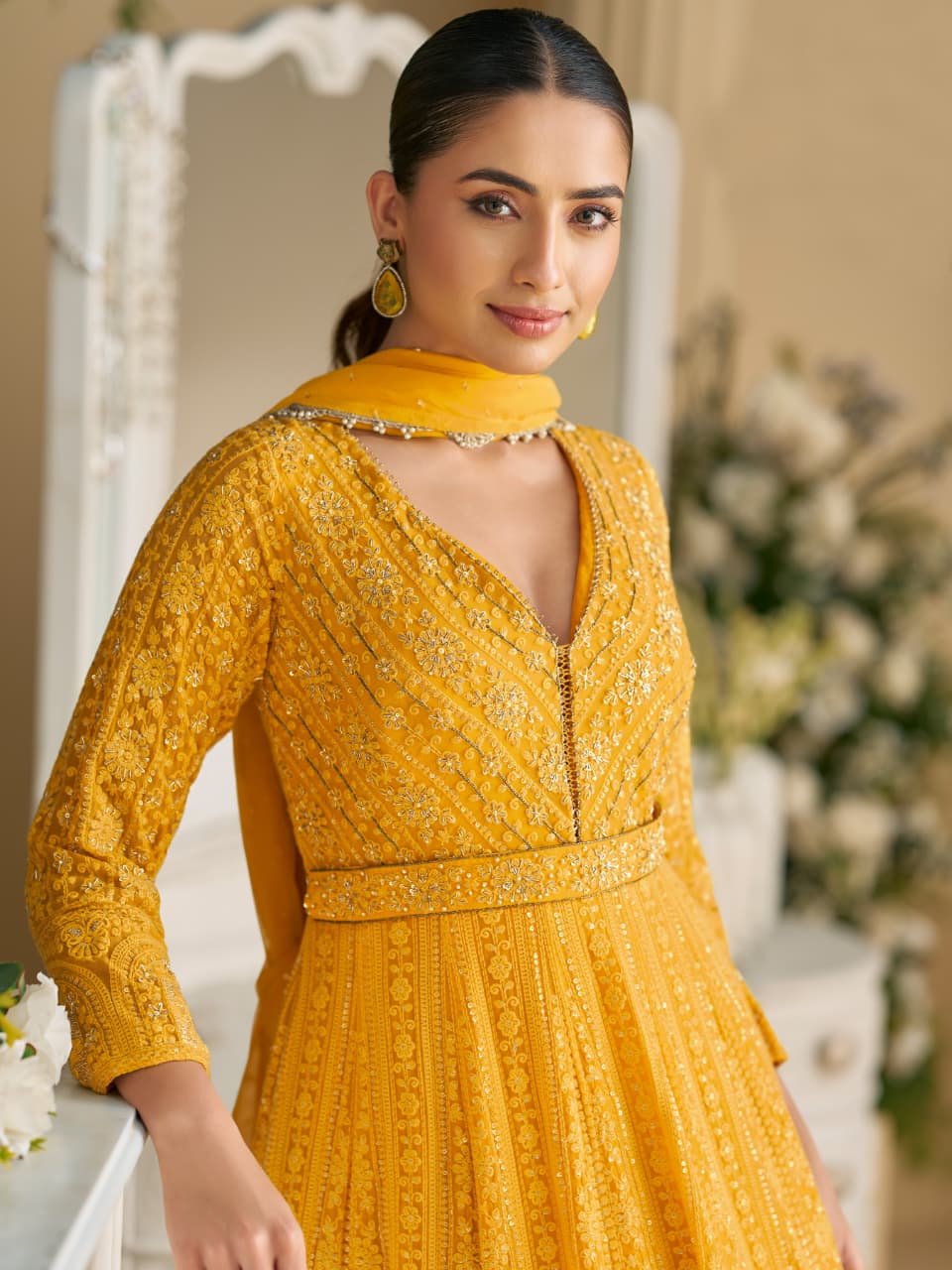 Anaita Yellow Georgette Stitched Anarkali Suit with Embroidery & Sequence Work