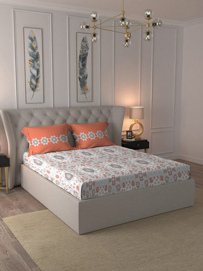 MYTRIDENT Grey White Floral Pure Cotton 144 TC Queen Bedsheet With 2 Pillow Covers